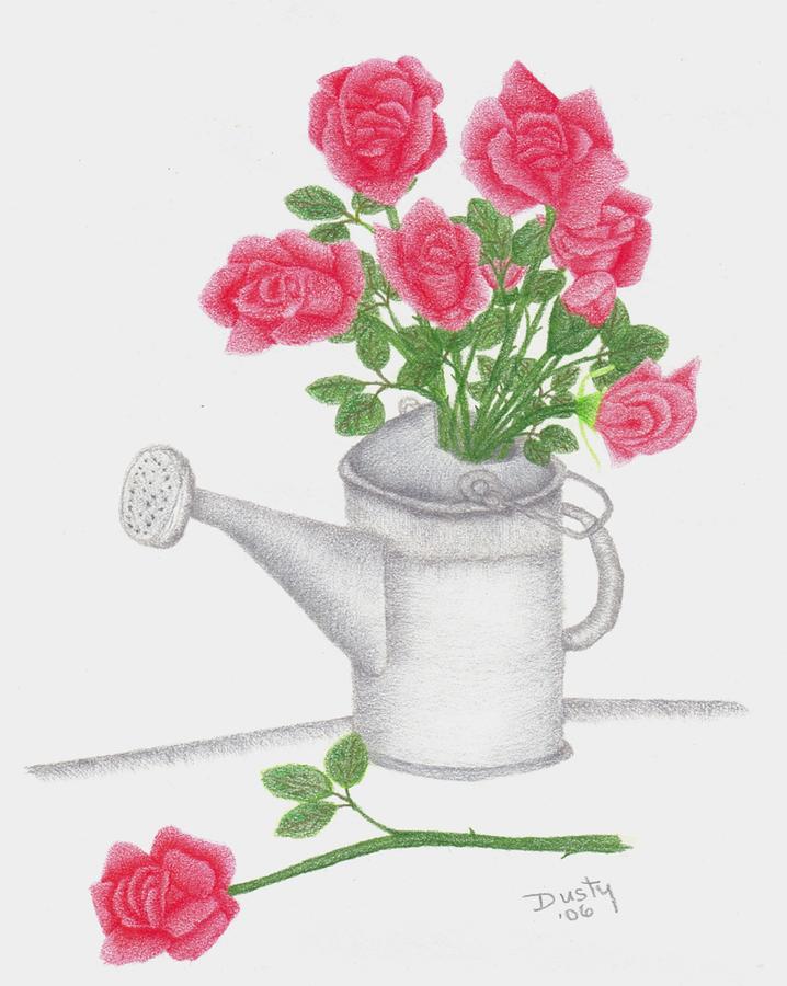 718x900 Watering Can With Red Roses Drawing By Dusty Reed