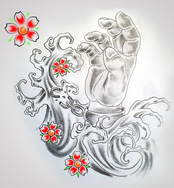 600x648 Tattoo Of Hand In Wave With Cherry Blossom