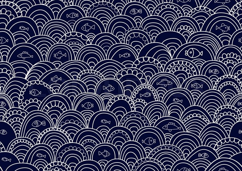 800x566 Abstract Hand Drawing Seamless Pattern With Fish And Waves Stock