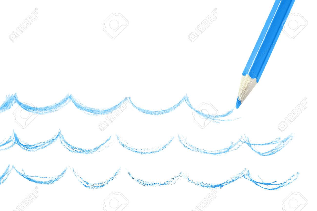 1300x866 Blue Pencil Drawing Waves On White Background Stock Photo, Picture