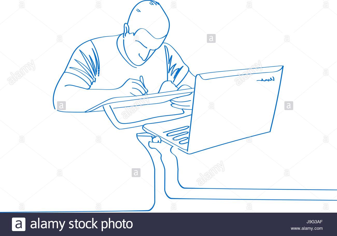 1300x909 Young Hand Drawn Man Draw On Laptop. Office Work. Vector Stock