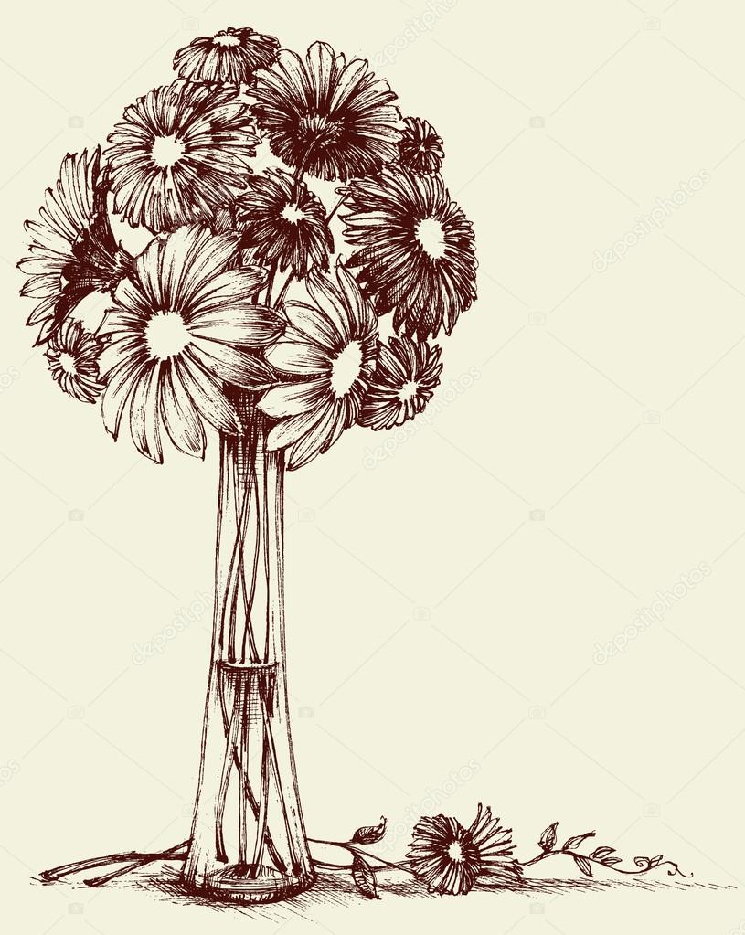 815x1023 Vase Of Flowers, Wedding Bouquet Sketch Retro Style Stock Vector