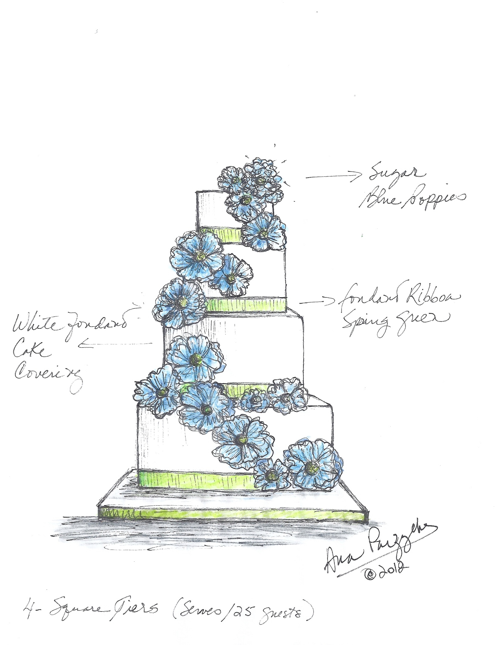 1688x2198 Blue Poppies Wedding Cake Sketch Sketches Blue