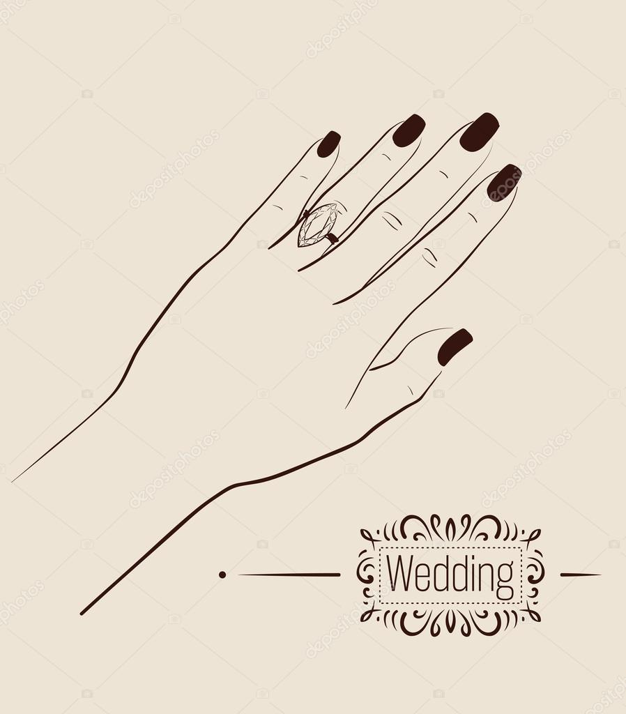 898x1024 Woman Hand Wearing A Wedding Ring Drawing. Illustration Stock