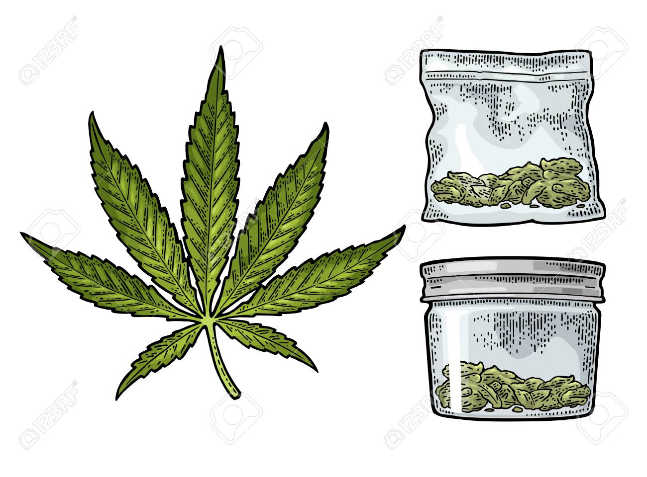 1300x960 Marijuana Leaf, Glass Jar With Lid And Plastic Bag For Cannabis
