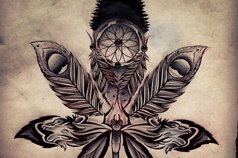 780x520 Weed Plant Drawing With A Wolf , Dreamcatcher And Peacock, Tribal