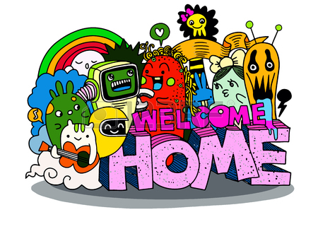 450x324 Welcome Home. Hipster Hand Drawn Crazy Doodle Monster Group