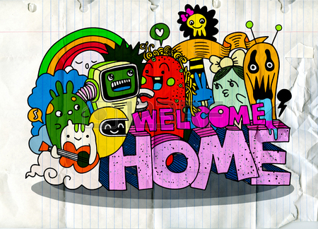 450x324 Welcome Home. Hipster Hand Drawn Crazy Doodle Monster Group
