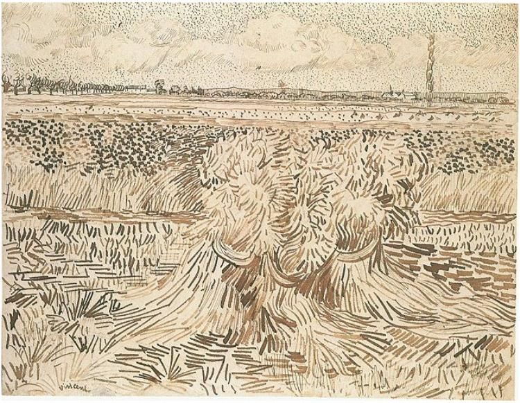750x582 Vincent Van Gogh Wheat Field With Sheaves Drawing