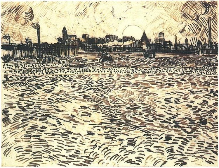 750x574 Wheat Field With Setting Sun By Vincent Van Gogh Drawing, Pen