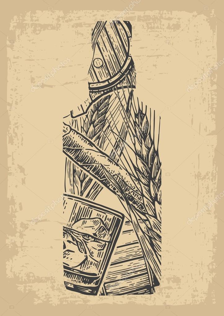 724x1024 Whiskey Bottle With Glass, Ice Cubes, Barrel, Cigar. Stock