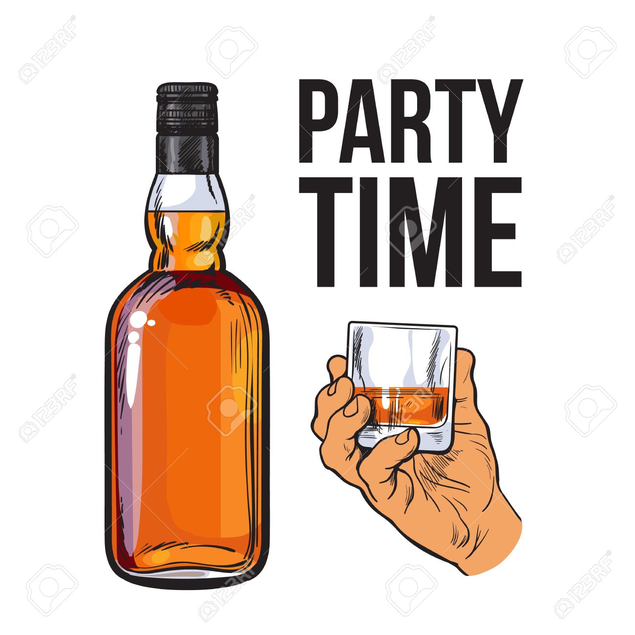 1300x1300 Whiskey Bottle And Hand Holding Full Shot Glass, Sketch Style