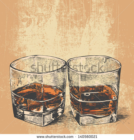 450x470 Whiskey In Two Glasses. Engraved Retro Style. Vector Illustration