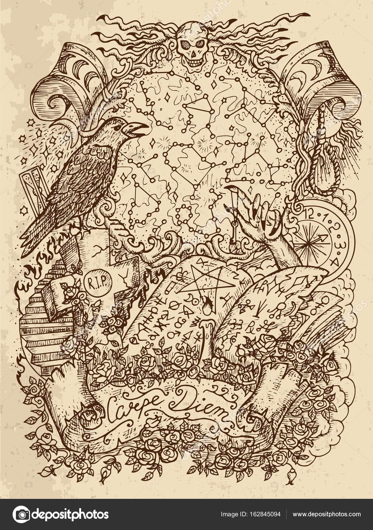 1196x1700 Mystic Drawing With Magic Book, Crown, Warlock Hand, Zodiac