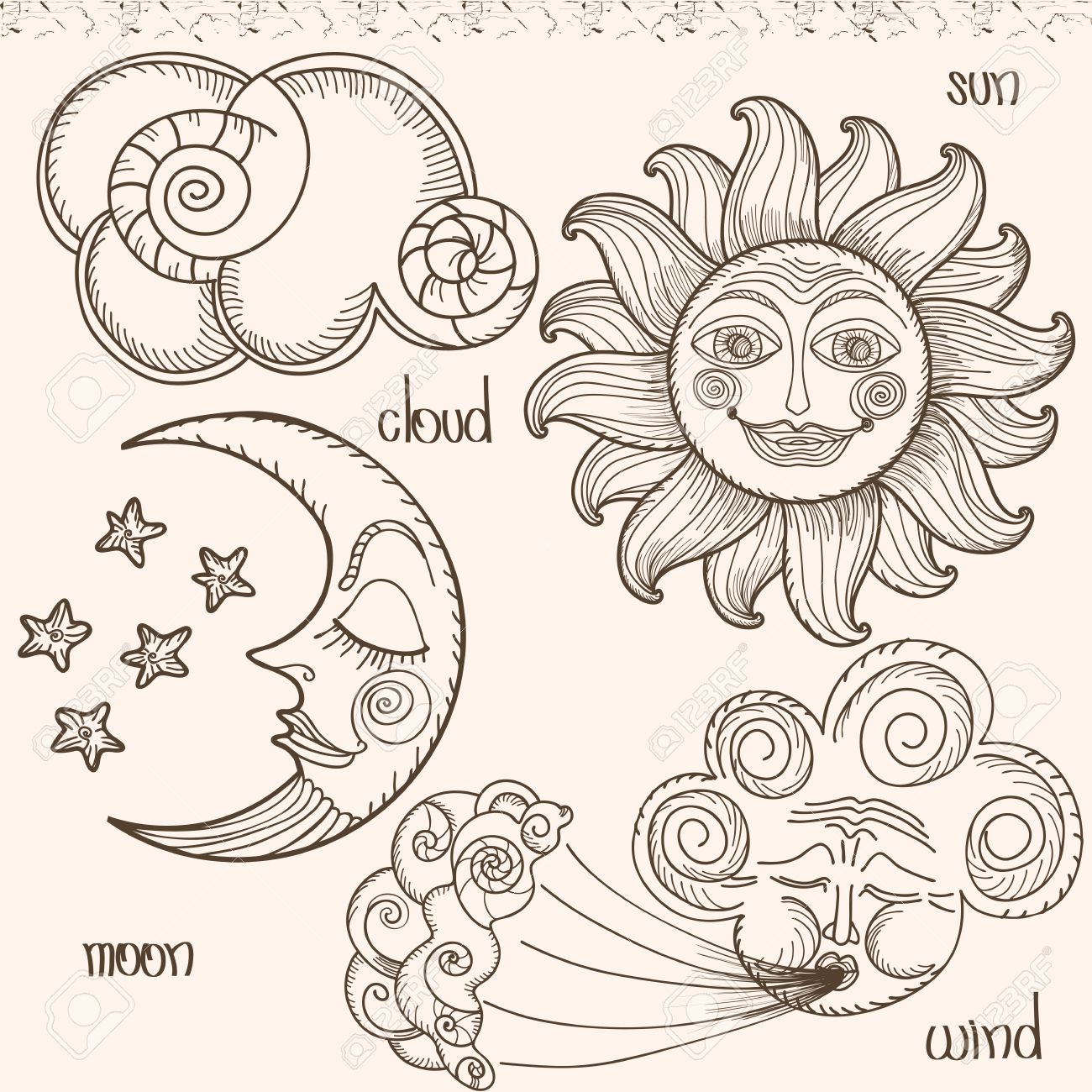1300x1300 Image Of The Sun, Moon, Wind And Clouds. Hand Drawing. Imitation