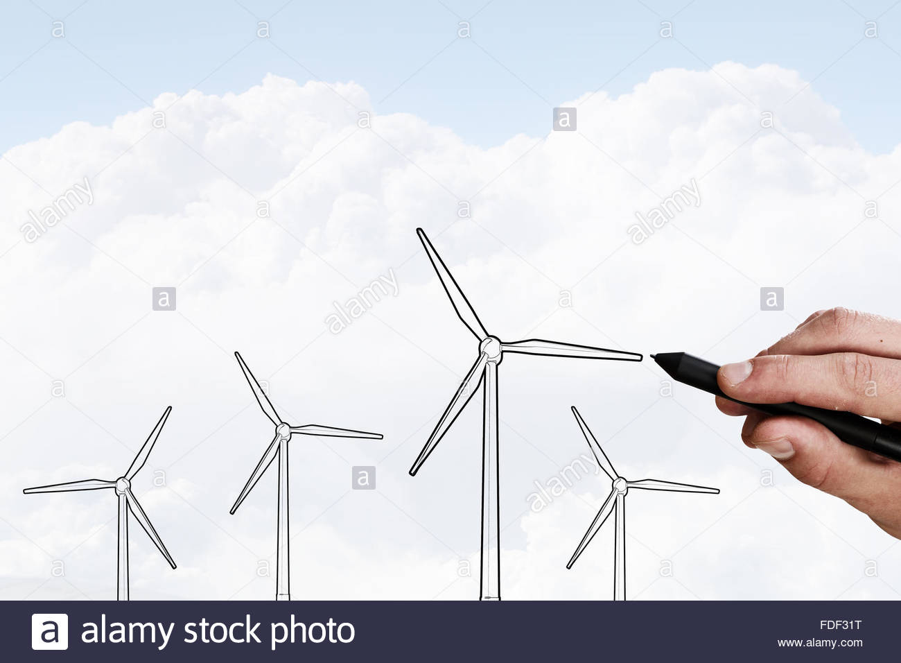1300x956 Person Hand Drawing Windmills On Sky Background Stock Photo