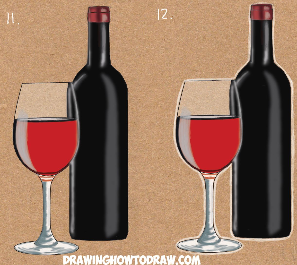 1222x1091 How To Draw A Bottle And Glasses Of Wine Drawing Tutorial Wine