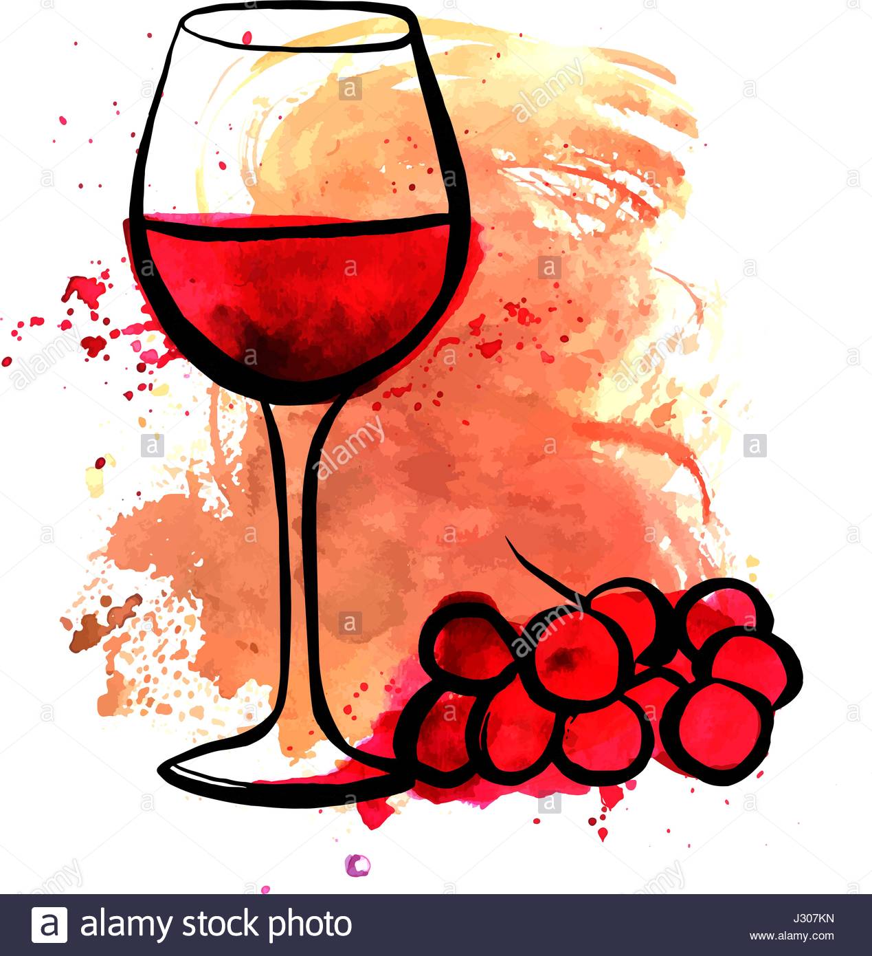 1269x1390 Vector Drawing Of Red Wine Glass On Watercolor Texture Stock