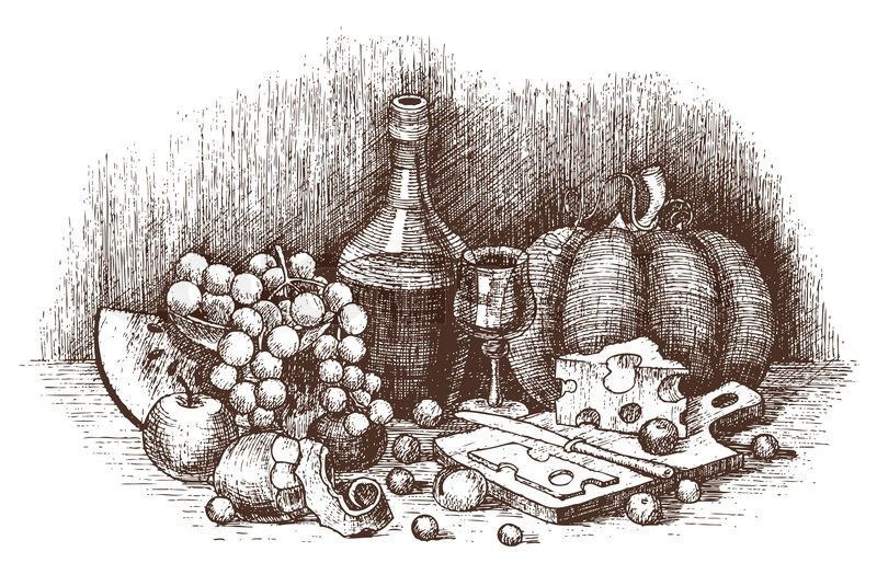 800x514 Still Life With Fruit, Cheese, And Wine Drawing By Hand Stock