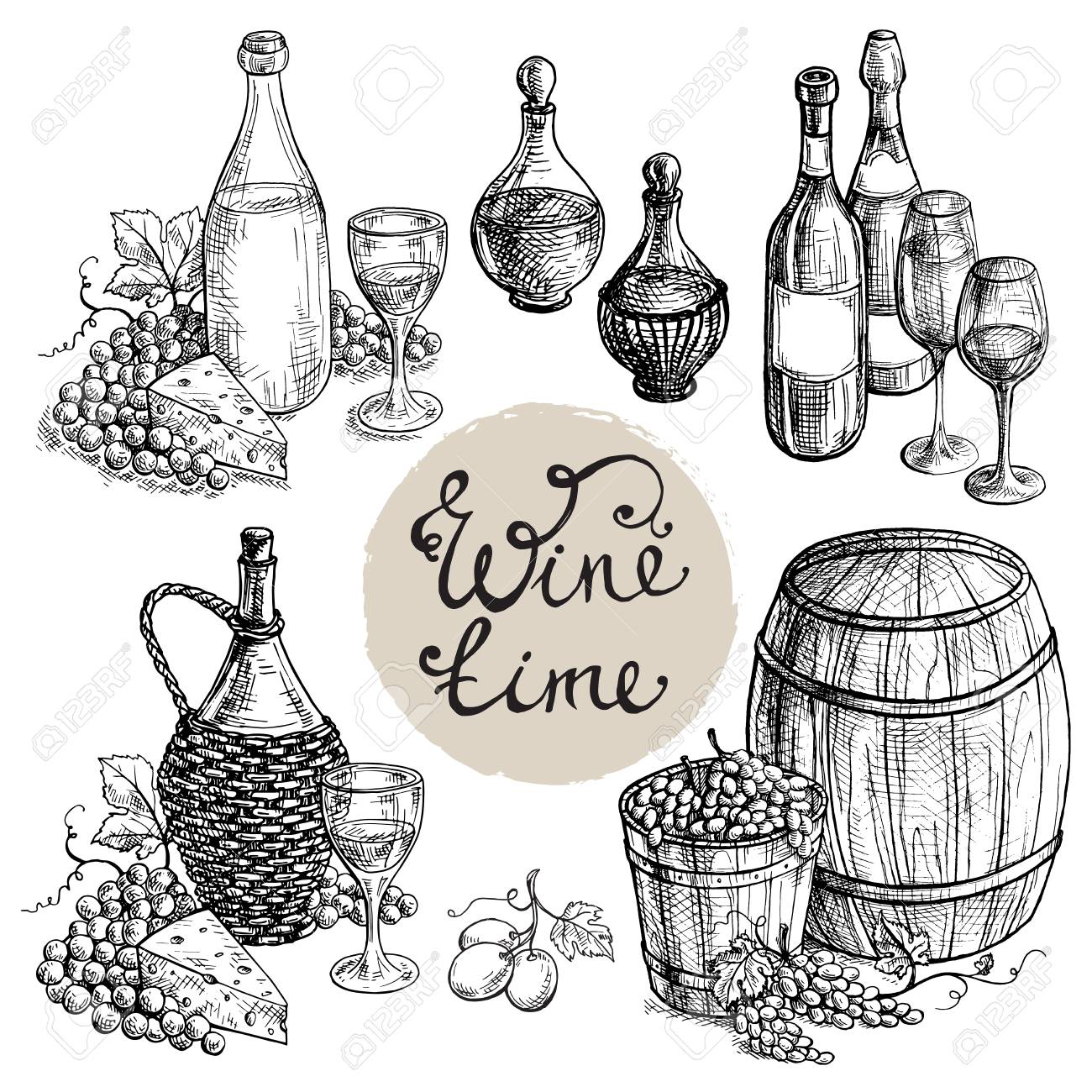 1300x1300 Set Of Wine Bottle And Barrel And Grapes In Graphic Style Hand