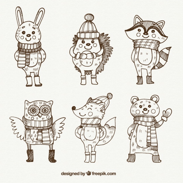 626x626 Sketches Set Of Lovely Animals With Winter Elements Vector Free