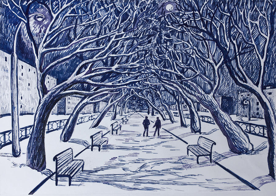 900x641 Winter Night.on The Walkway In The Park. Drawing By Olga Goncharenko