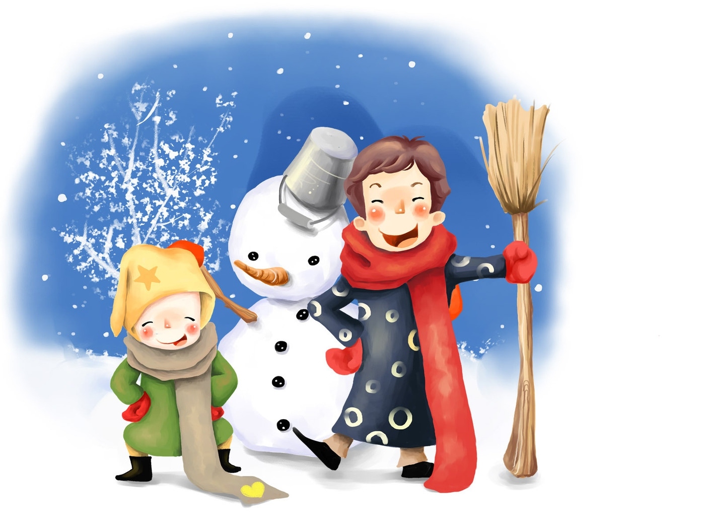 1400x1050 Download Wallpaper 1400x1050 Drawing, Kids, Fun, Snowman, Winter