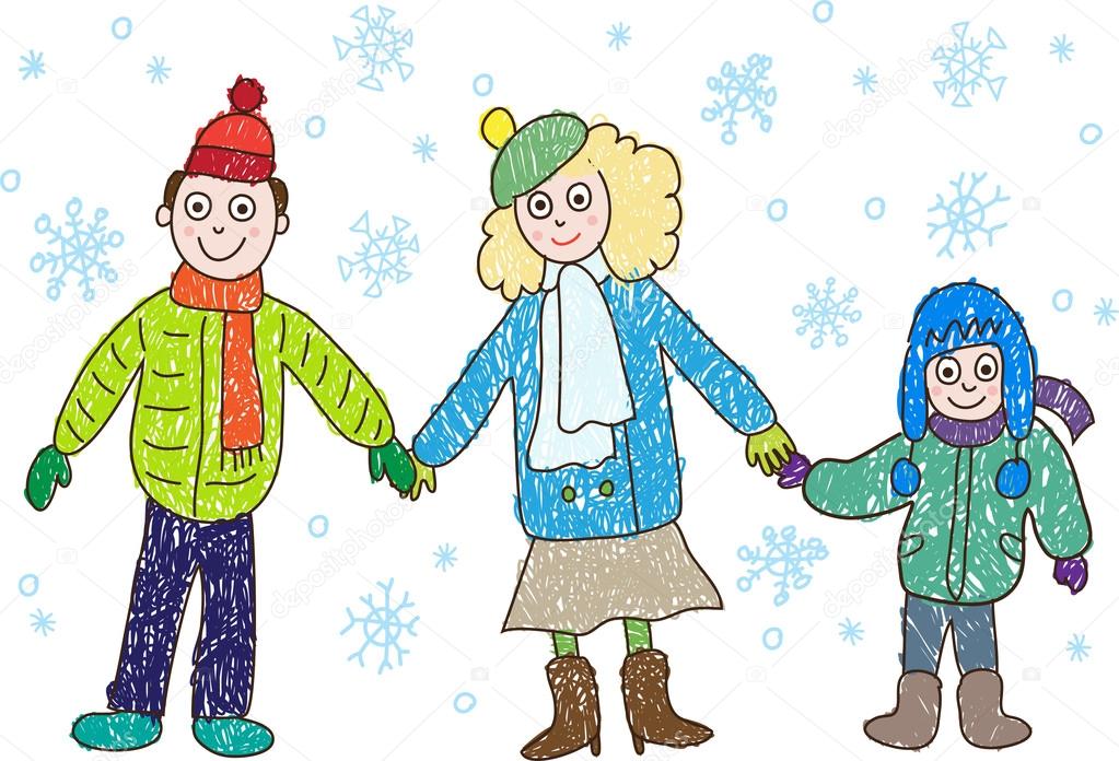 1023x696 Kids Drawing. Family In The Winter Mother, Father Stock Vector