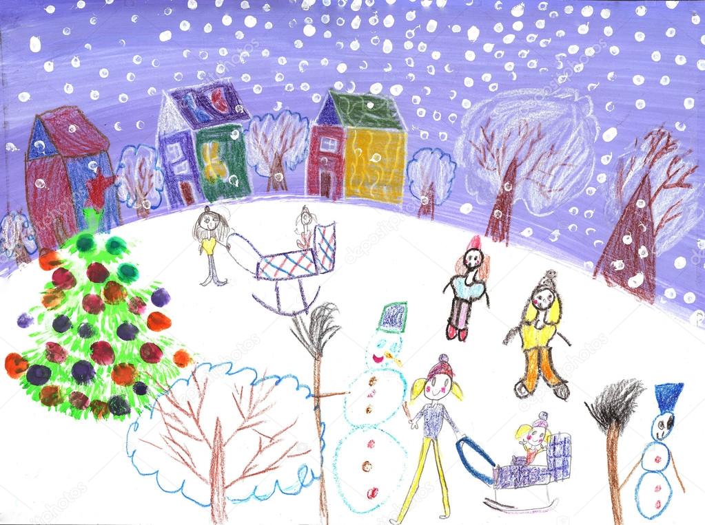 1023x763 Watercolor Children Drawing Winter Sleigh Ride Stock Photo