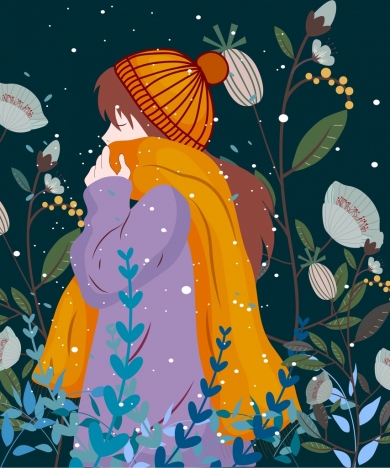 390x468 Winter Drawing Girl In Warm Clothes Colored Cartoon Vectors Stock