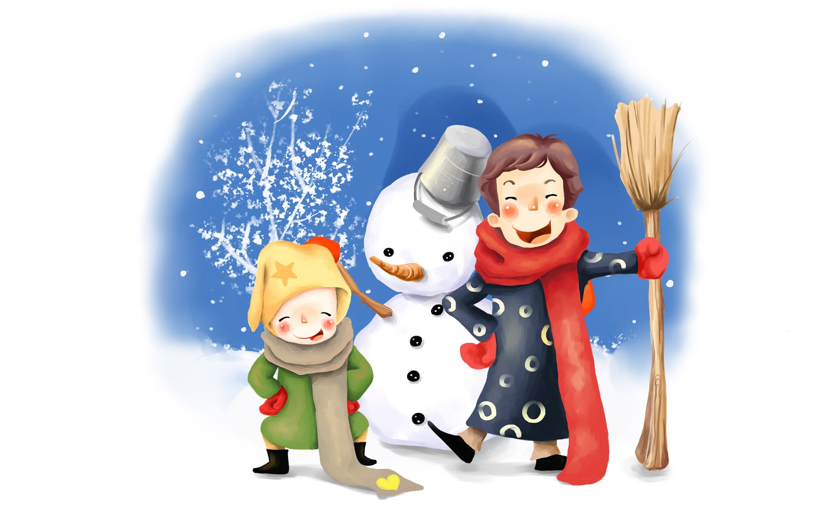 1680x1050 Wallpaper Drawing, Kids, Fun, Snowman, Winter, Bucket, Broom