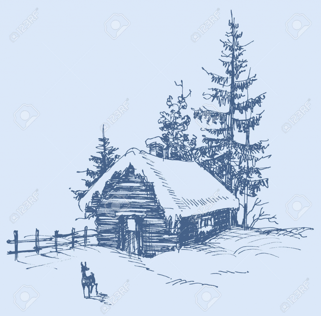 1024x1009 Drawing Of Winter Landscape Winter Landscape Sketch Royalty Free