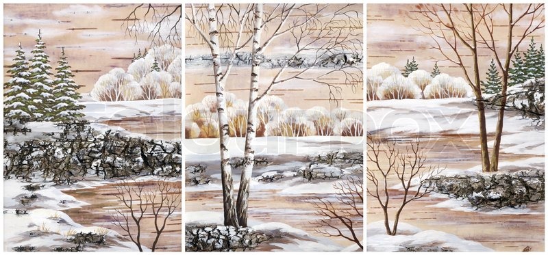 800x373 Pictures, Set Winter Natural Landscapes Hand Draw, Distemper On