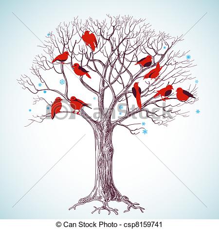 450x470 Winter Tree And Singing Birds Vector Clip Art