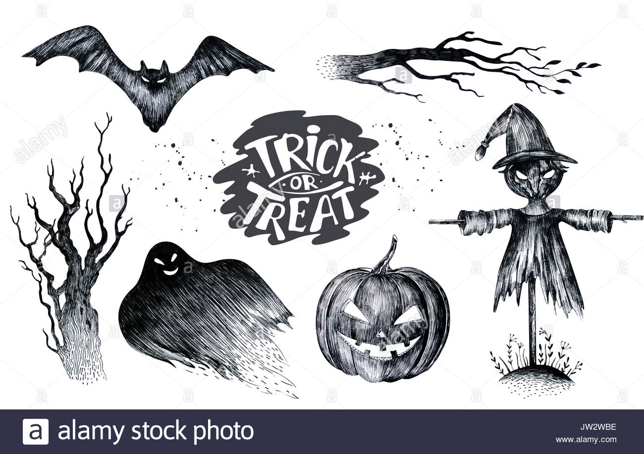 1300x917 Halloween Hand Drawing Black White Graphic Set Icon, Drawn