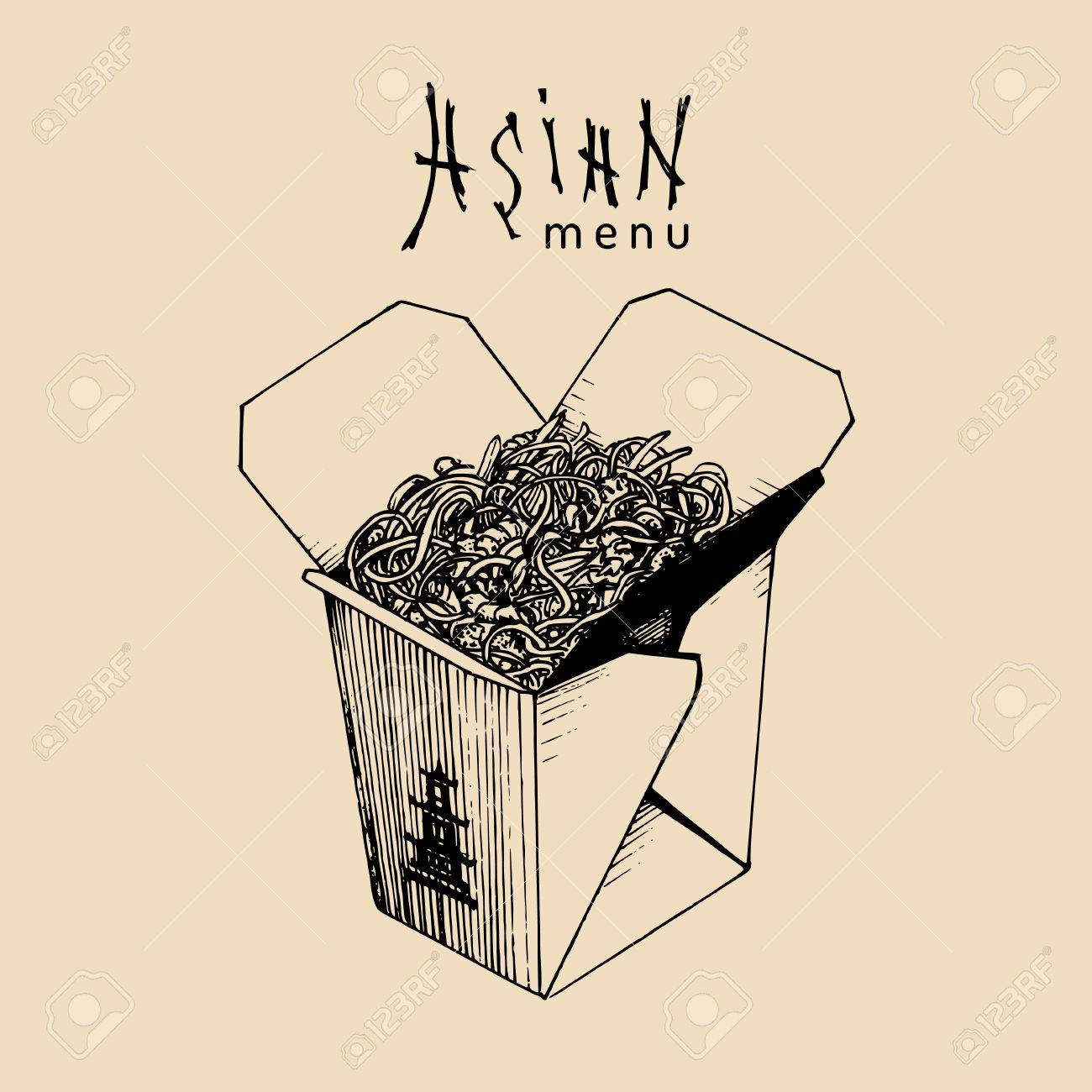 1300x1300 Vector Noodles Box Illustration. Wok With Asian Menu Text. Chinese