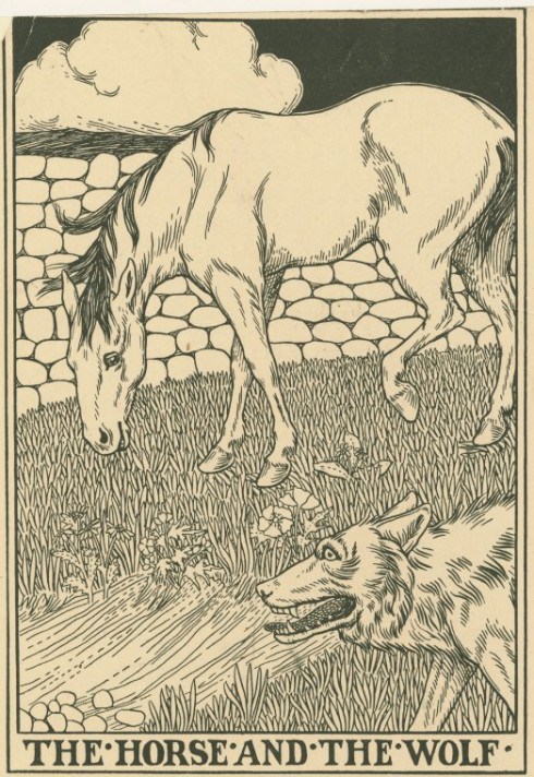 490x712 Line Drawing Of A Wolf And Horse, From Old Children's Book