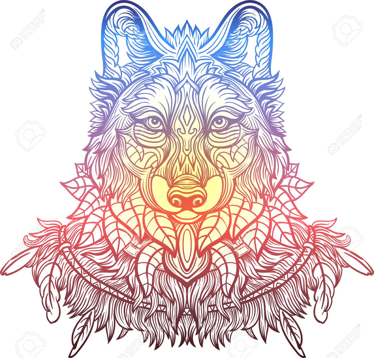 1300x1245 Wolf. Hand Drawn Wolf Side View With Ethnic Floral Doodle Pattern