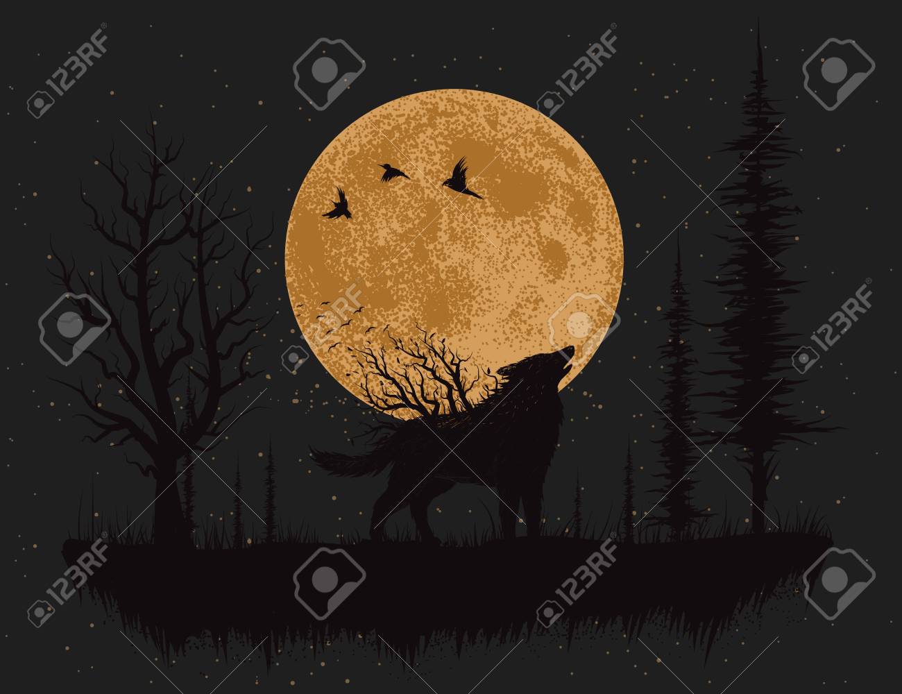 1300x1000 Wolf Howling At The Moon In The Forest.hand Drawn Vector