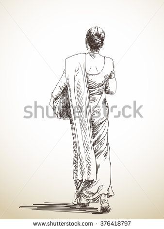 338x470 Sketch Of Walking Woman In Sari, Hand Drawn Illustration Human