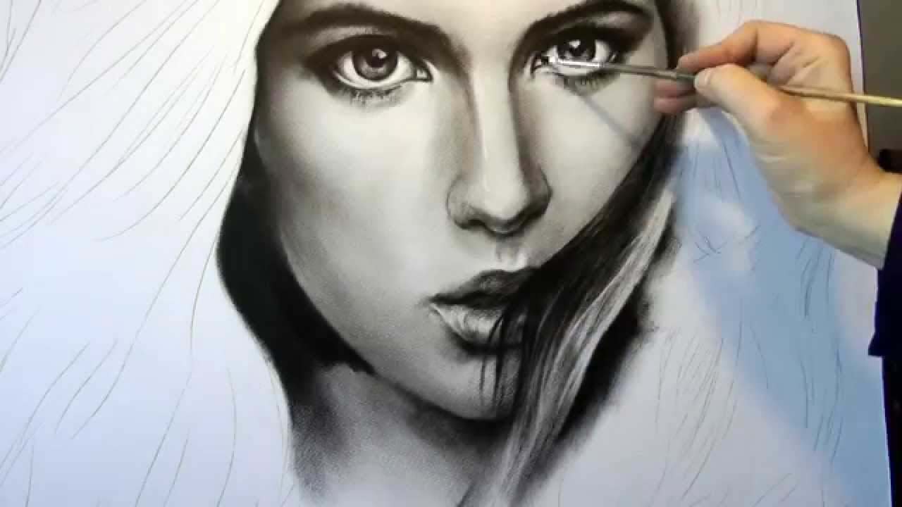 1280x720 Black And White Speed Drawing Of Woman Portrait In Dry Brush. Part