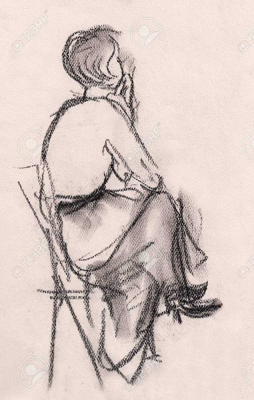 826x1300 Sketch Of Woman, Sitting On Chair And Thinking Stock Photo
