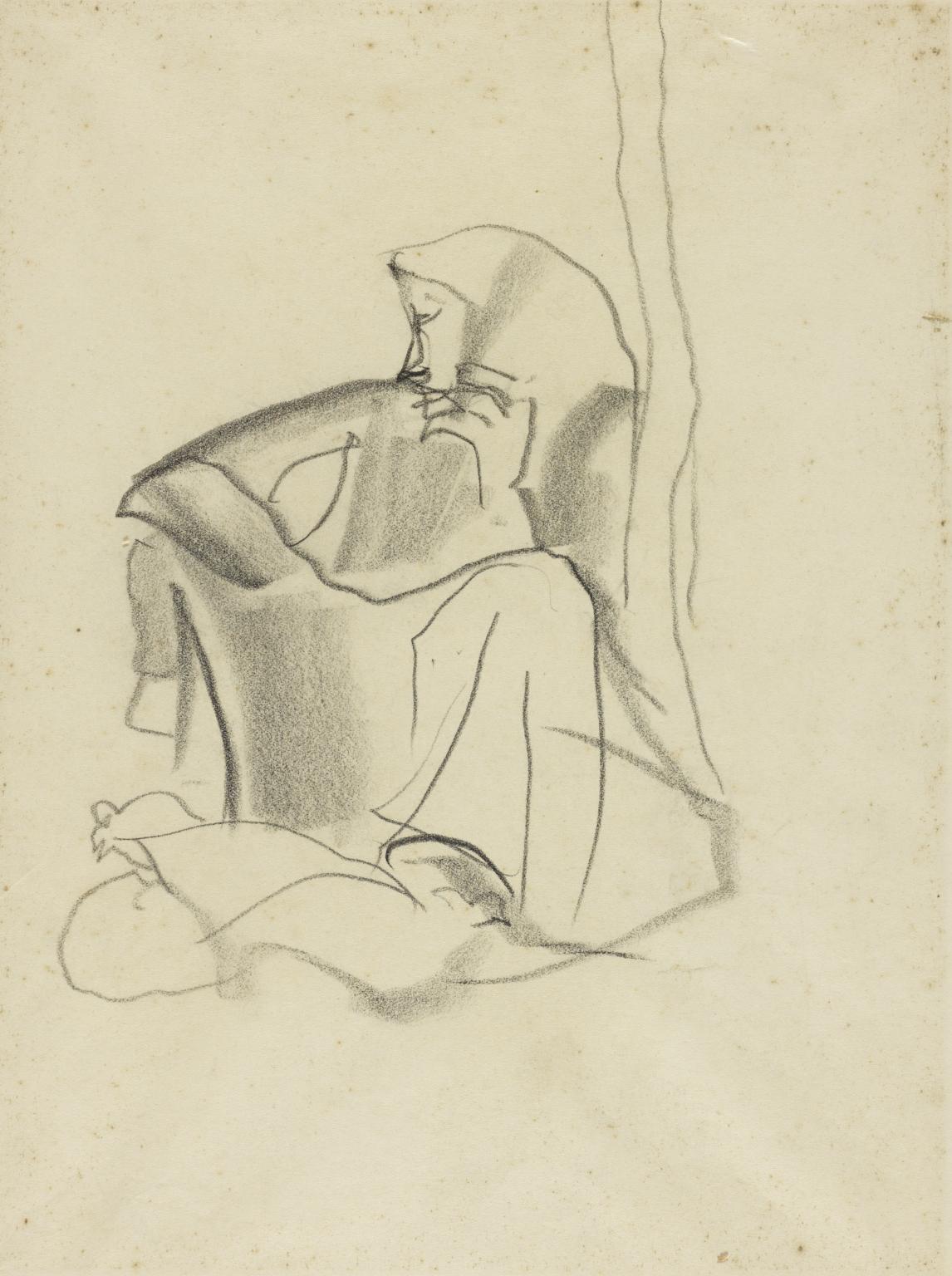 1146x1536 Sketch Of A Woman In A Headscarf Sitting Down And Leaning Against