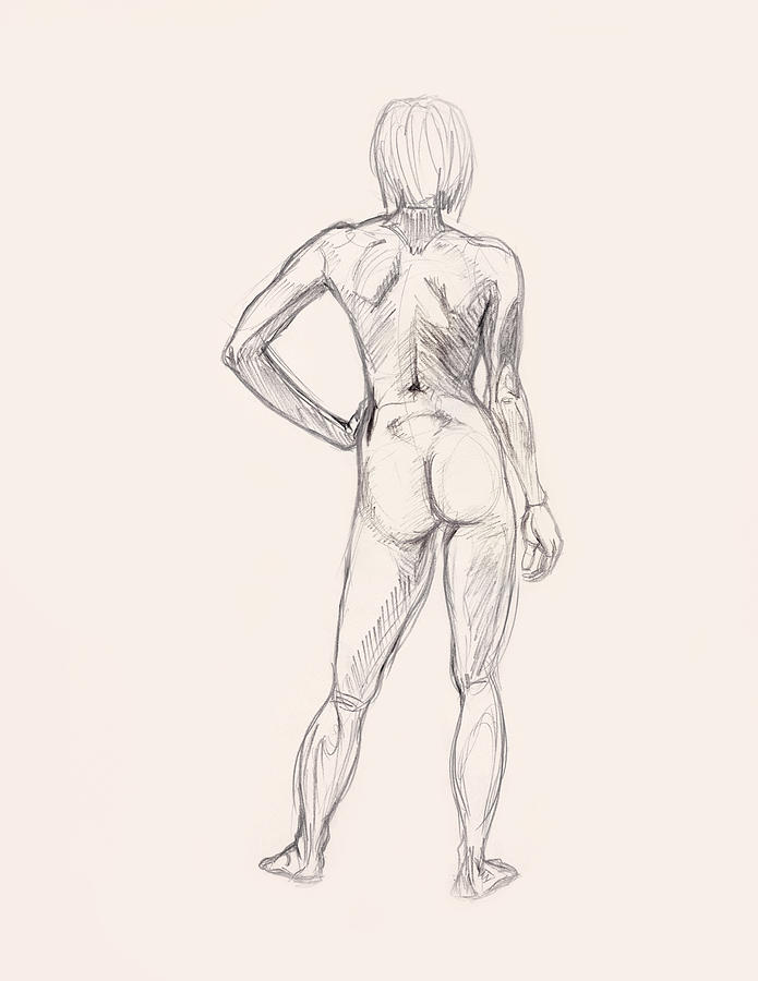 695x900 Charcoal Pencil Drawing Of Nude Woman, Standing With Short Hair