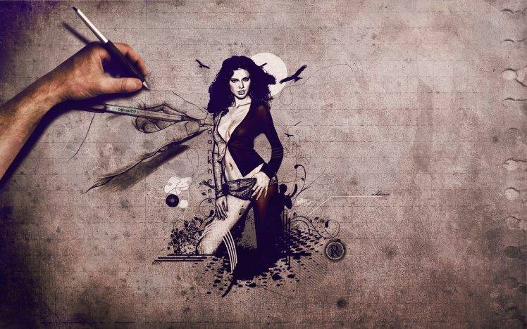 748x468 Digital Art, Painting, Women, Face, Artwork, Drawing, Pencils