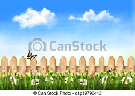 450x318 Wooden Fence In Grass With Flowers And A Butterfly. Vector. Vector