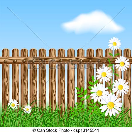 450x453 Wooden Fence On Green Grass With Daisy Against The Sky Eps Vector