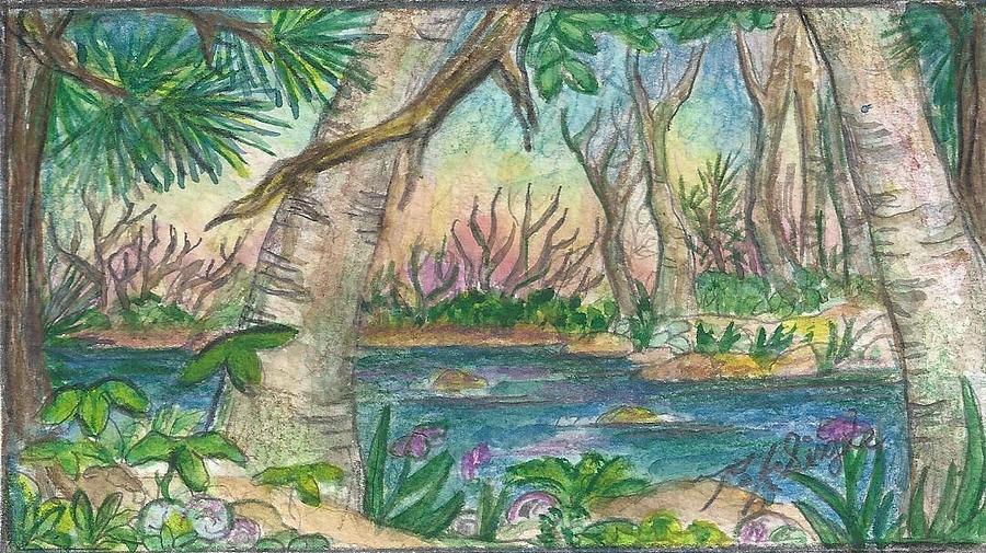 900x505 Pond In The Woods Drawing By Ramsey A Single