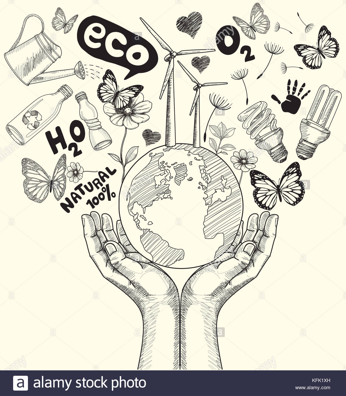 1213x1390 Drawing Green World Concept. Tree On The Earth In Hands Stock