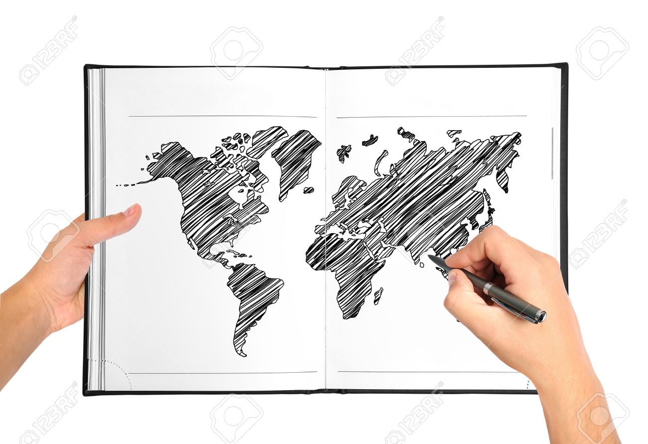 1300x891 Hands Drawing World Map In Book Stock Photo, Picture And Royalty